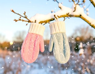 Knitted mittens hanging on snowy branch