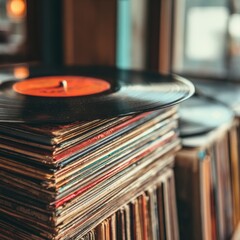 Vintage Vinyl Records on Display in Cozy Music Shop Atmosphere
