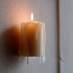 Warm Candle Glow with Melting Wax on Neutral Wall Background