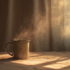 Warm Cup of Coffee Steaming in Gentle Sunlight with Dust Particles