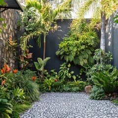 Obraz premium Tropical courtyard garden with dark wall