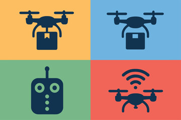 Drone Delivery and Remote Control Icons on Colorful Background.
