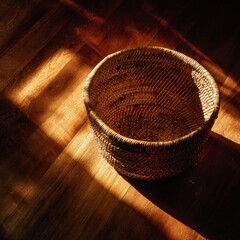 Woven Basket on Wooden Floor with Soft Light and Shadows