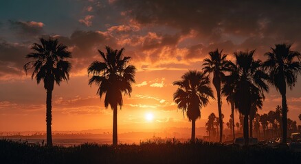 Obraz premium Silhouette palm trees at sunset over the ocean