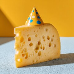 Yellow Cheese With Party Hat Isolated On Bright Yellow Background