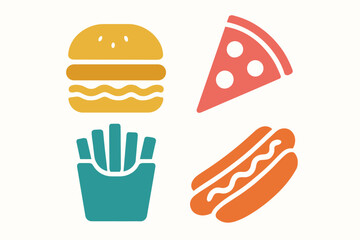 Fast Food Collection Featuring Burger, Pizza, French Fries, and Hot Dog.