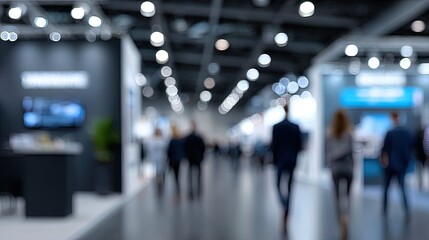 A high-quality, wide-angle digital rendering of an abstract blurred scene inside a modern exhibition hall or convention center, with motion-blurred