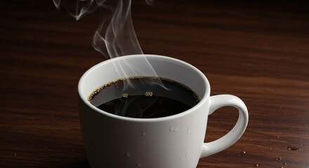Close-up of a hot steaming cup of black coffee on a wooden table.
