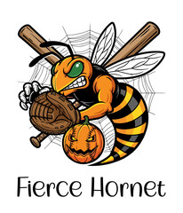 Fierce hornet baseball mascot with glove and bats, pumpkin jack-o’-lantern, spiderweb background, Halloween vector design Honey Bee with Pumpkin