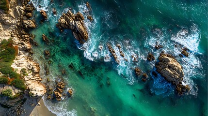 Aerial view of the ocean rocky shore.