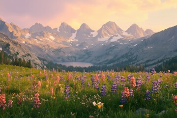 Fototapeta premium Mountain range at sunset or sunrise with snow caps. Field with colorful flowers and green plants. Nature landscape.
