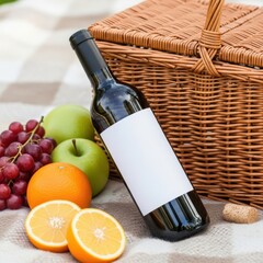 Naklejka premium Picnic Scene with Wine Bottle, Fruit and Wicker Basket