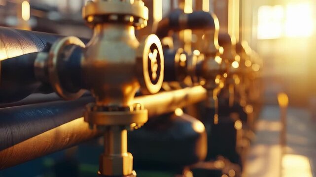 Close-up of industrial piping and valves bathed in warm sunlight, a row of metal fittings receding into the distance.