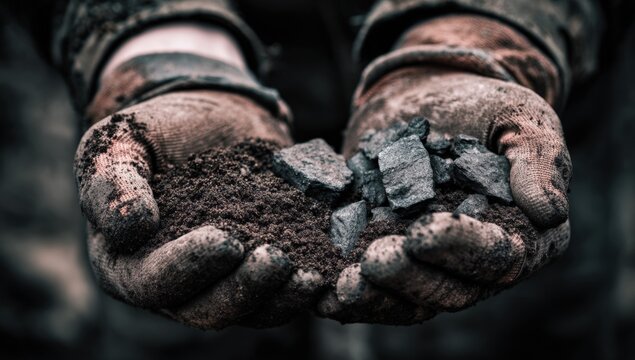 Hands holding soil and coal