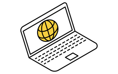 オンライン学習、インターネットにつながったノートパソコンのシンプルなアイソメトリック線画アイコン