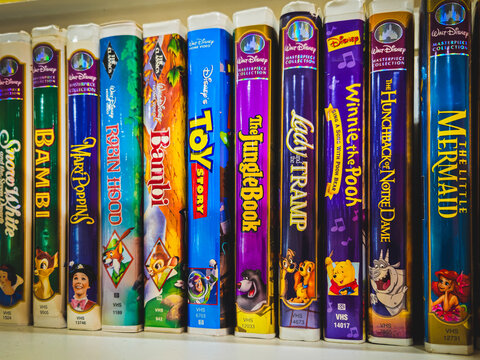 A collection of Disney animated movies on VHS tapes lined up on a shelf in September 2025. For Editorial Use Only.