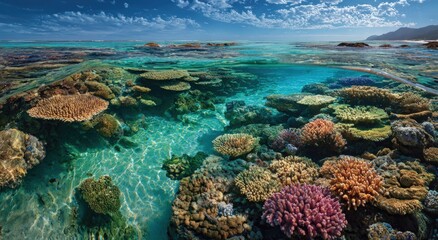 Fototapeta premium Vibrant coral reef teeming with life in clear, shallow water under a partly cloudy sky