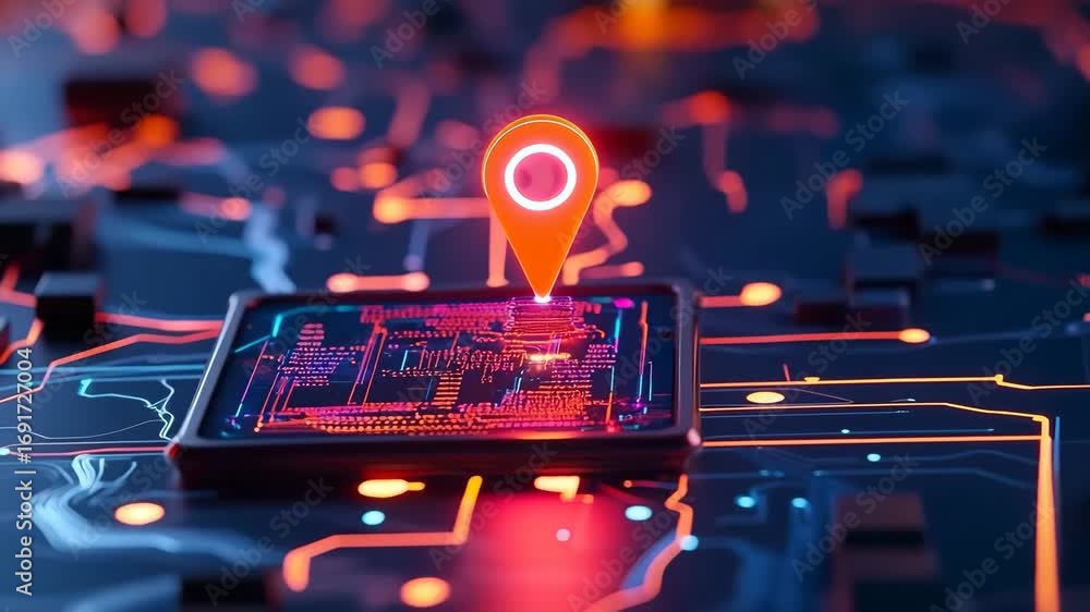 Poster electronic circuit board with glowing location pin, futuristic technology navigation, digital map in