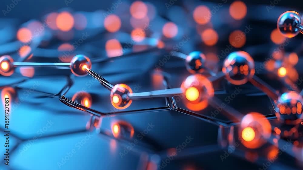 Poster molecule structure glowing atom science technology futuristic blue orange connection network abstrac