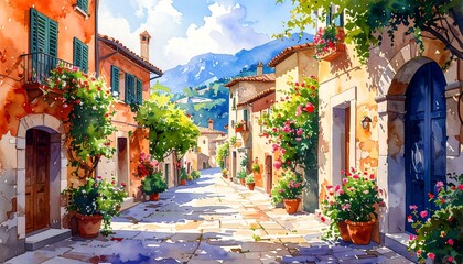 Fototapeta premium Watercolor painting of a sunny Italian village street
