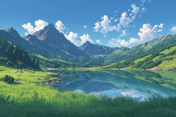 Picturesque alpine lake nestled amongst towering peaks under a vibrant sky