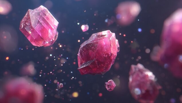 Sparkling pink crystals in motion against a dark background