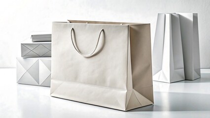 Elegant paper shopping bags in white and gray with handles for retail and fashion branding concept
