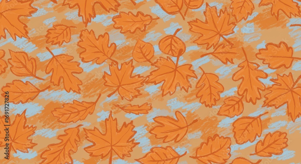 Poster an autumnal pattern of various leaves in muted orange and light peach tones, creating a gentle and c