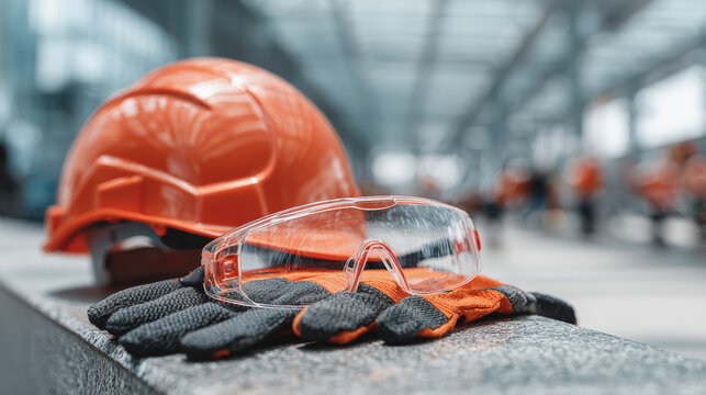 Safety gear hard hat safety glasses work glove orange black construction industry protection equipment set on site, readiness and focus