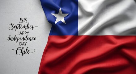 Chilean flag waving with happy independence day text