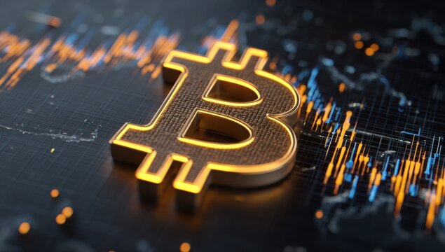 Golden Bitcoin symbol on a digital graphic background