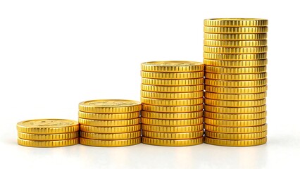 Stacks of shiny golden coins arranged in ascending order isolated on white background symbolizing wealth and savings
