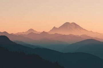Mountain range at sunrise, soft light hues