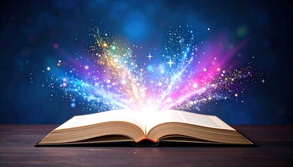 Open book with magical light bursts