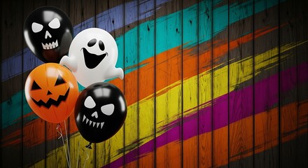 Spooky halloween balloons floating together against a colorful wooden plank background
