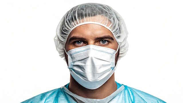 Confident male doctor wearing protective medical mask, cap, and scrubs isolated on white background
