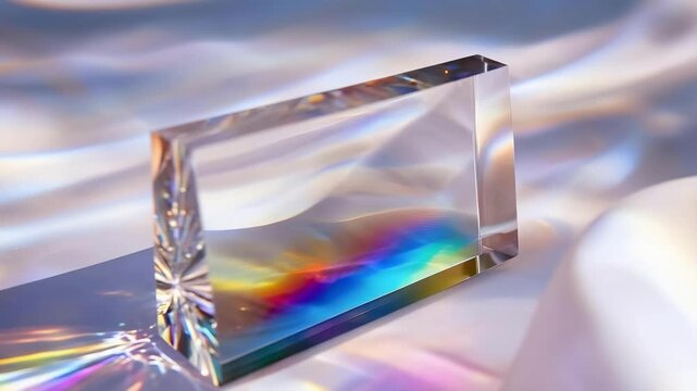 A glass prism refracting light to create a rainbow spectrum.