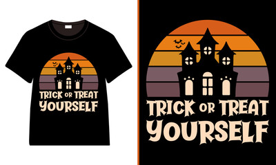 Trick or Treat Yourself Retro Haunted House Halloween T‑Shirt Design