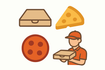 Pizza delivery service with pizza box and pizza slice illustration.
