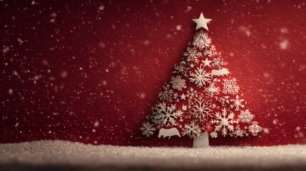 Paper style christmas tree made of layered snowflakes stars and ornaments on red background