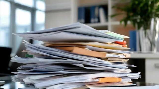 A tall stack of scattered papers and folders on a cluttered office desk.