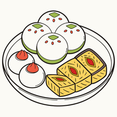 Plate of Indian Sweets Mithai Assortment Illustration Keywords: indian sweets, mithai, sweet, dessert