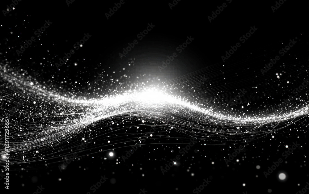 Aufkleber abstract glowing particles forming a dynamic wave pattern on black background