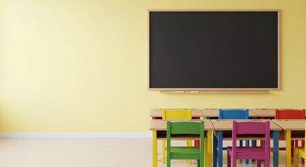 Empty kindergarten classroom with colorful chairs and a blank blackboard on a yellow wall, ready for school lessons. Modern interior with copy space
