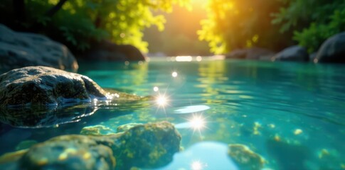 Crystal clear sparkling water, sunlit nature backdrop, flora, sparkling water
