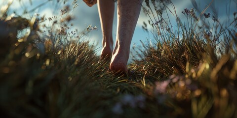 Barefoot woman walking through tall grass in a field