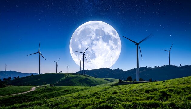Lush green hills under a full moon, with wind turbines