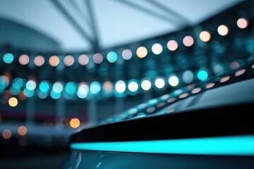 Close-up of a futuristic car's rear end, showcasing a turquoise light strip against a blurred urban backdrop