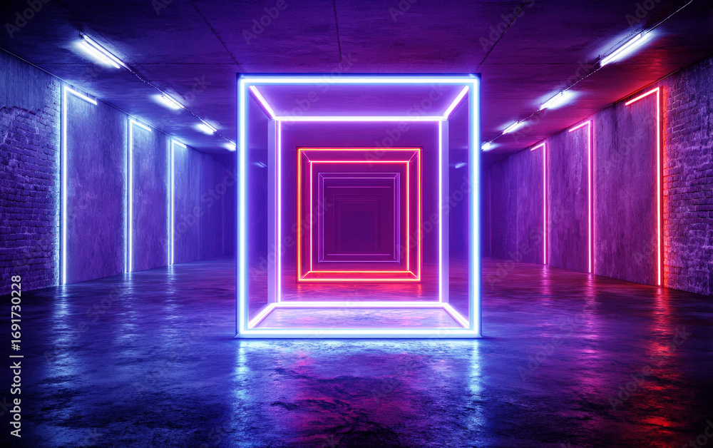Aufkleber neon lit geometric cube structure in an empty room with modern lighting