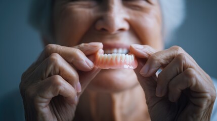 An elderly woman trying to fit dentures onto her gums. A senior lady holds and shows her new dental implant and jawline with a pair of teeth